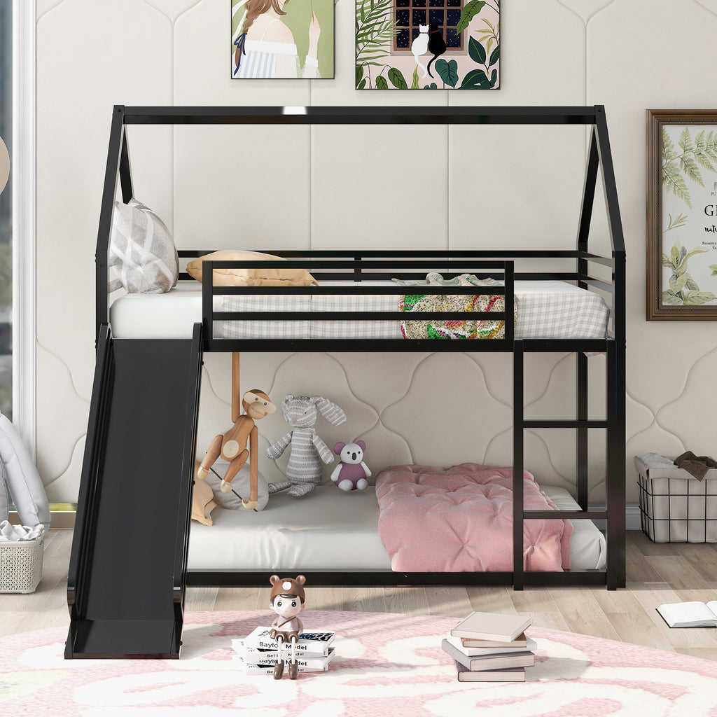 Zulah Twin over Twin House Bunk Bed with Ladder and Slide, Black - Grand Goldman Shop
