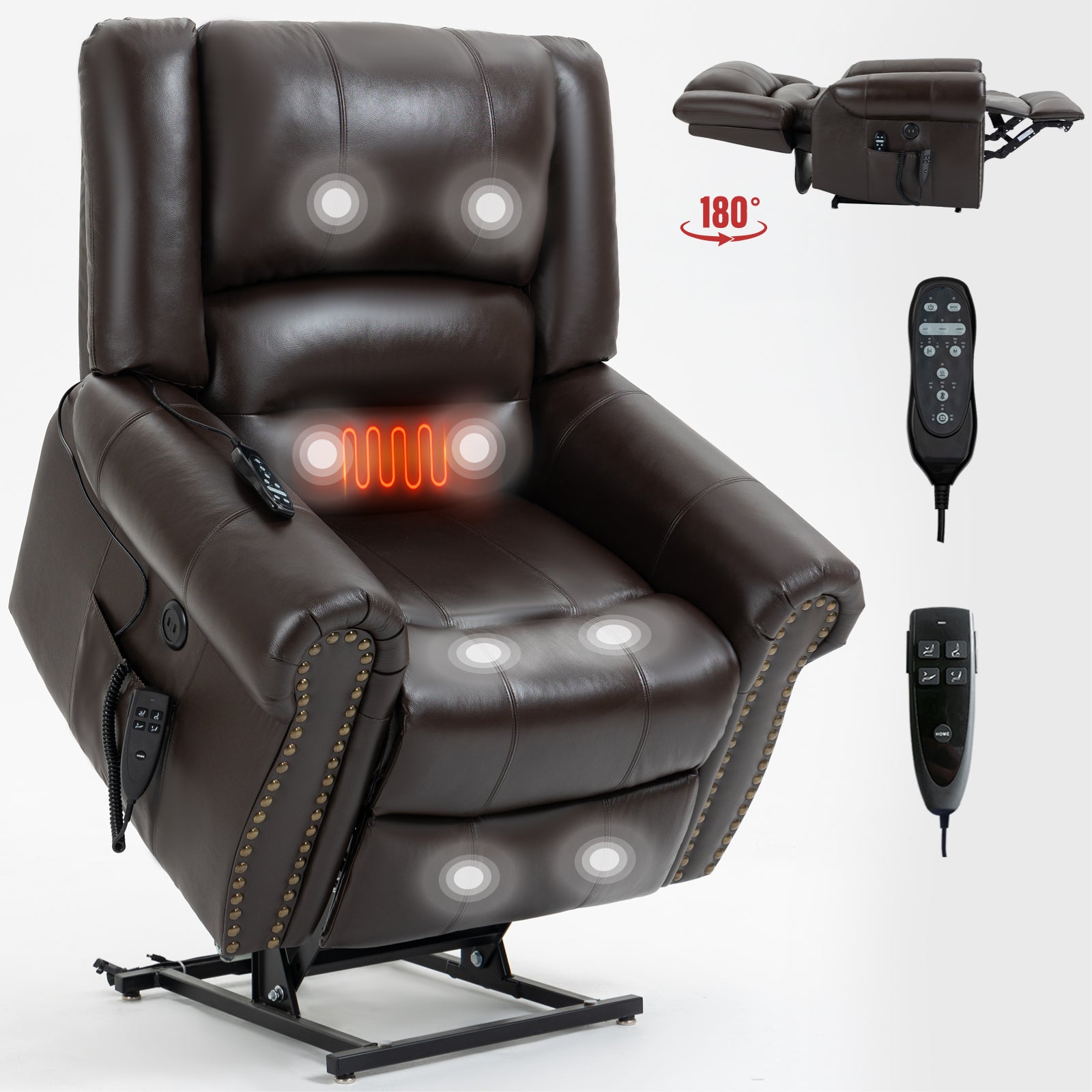 Power Lift Recliner Chair Heat Massage Dual Motor Infinite Position Up to 350 LBS, Genuine Leather, Heavy Duty Motion Mechanism with USB Ports, Brown - Grand Goldman Shop