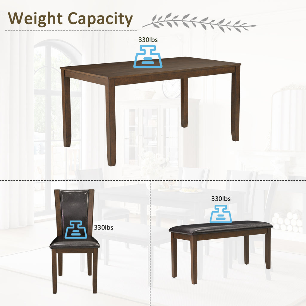 6-Piece Dining Table Set with Bench and Chairs, Wooden dining table set for 6 people, Farmhouse Rustic Style 6 Person Dining Table Set for Dining Room, Kitchen, Dark Walnut - Grand Goldman Shop
