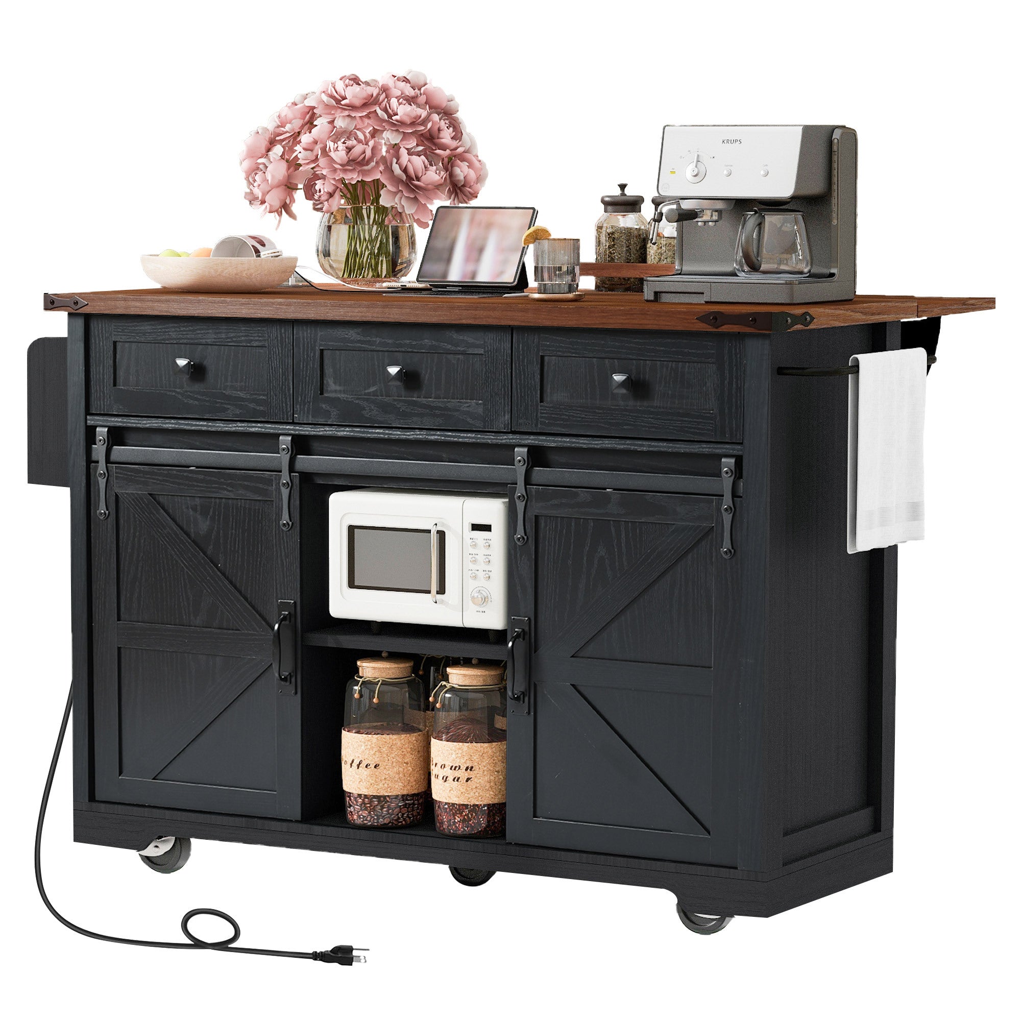 K&K 53.7' Farmhouse Kitchen Island with Power Outlet, 2 Sliding Barn Door Kitchen Storage Island with Drop Leaf, Spice Rack Rolling Kitchen Cart on Wheels, for Home, Kitchen and Dining Room, Black - Grand Goldman Shop