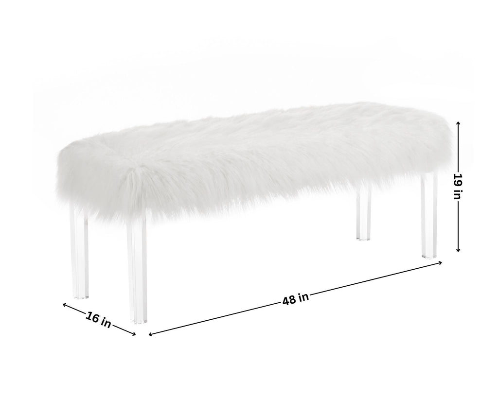 White Faux Fur Bench with Acrylic Legs - Grand Goldman Shop