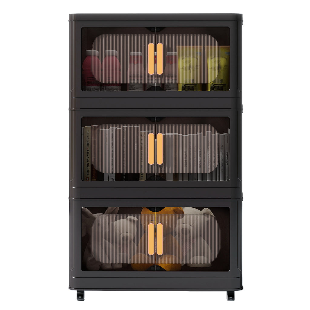 Black, 20' Side Wide Folding Storage Cabinet ,3 Tiers,19.69'×11.81'×31.10',Collapsible Storage Bins with Magnetic Door, Plastic Storage Cabinet with Wheels - Grand Goldman Shop