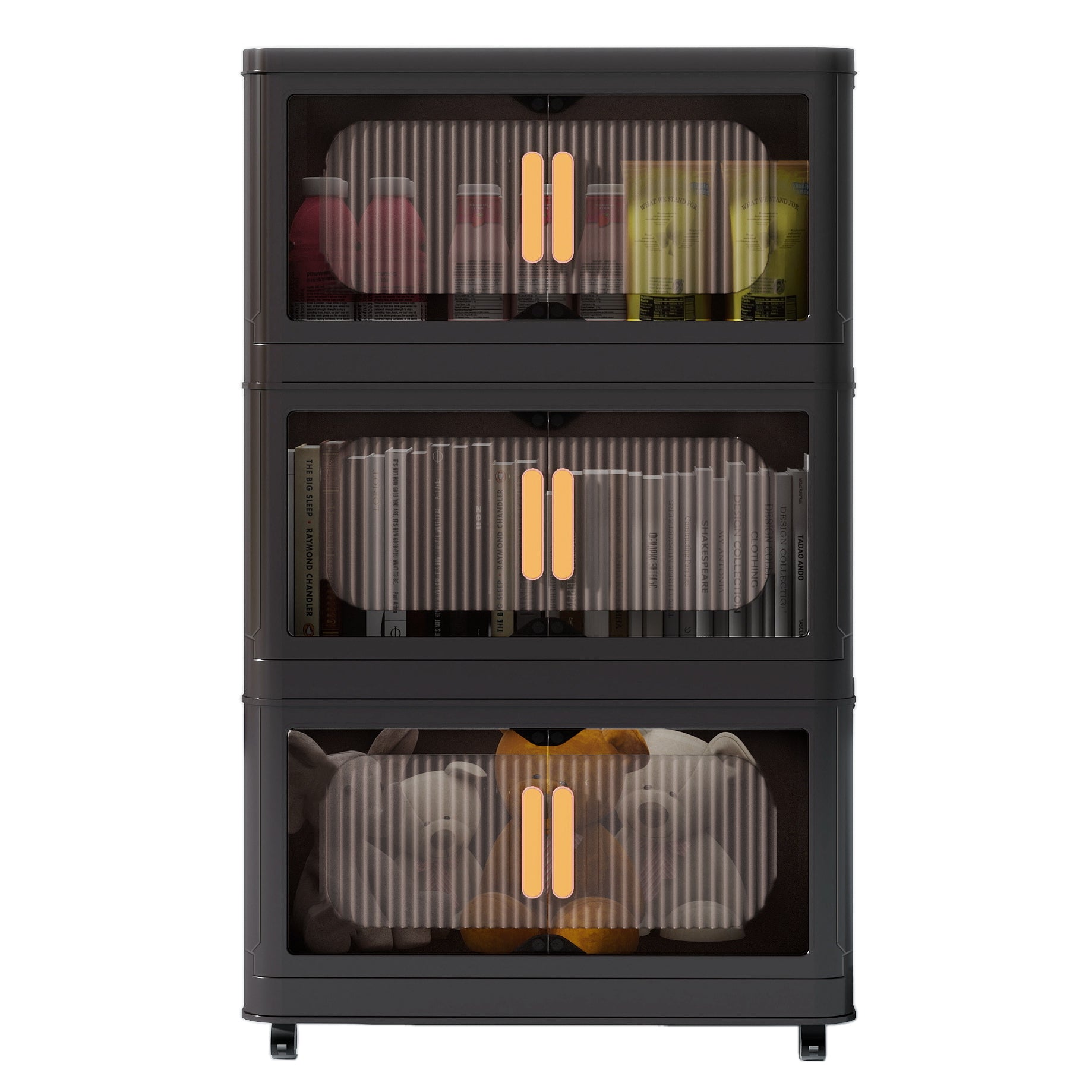 Black, 20' Side Wide Folding Storage Cabinet ,3 Tiers,19.69'×11.81'×31.10',Collapsible Storage Bins with Magnetic Door, Plastic Storage Cabinet with Wheels - Grand Goldman Shop