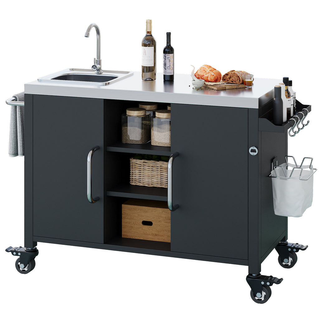 K&K 55.5' Outdoor Kitchen Island with Sink, Metal Grill Cart Table with 304 Stainless Steel Sink, Outdoor Bar Cart Sink Station with 4 Lockable Wheels for Pizza Prep & BBQ, L 55.5' x W 20' H 36.7' - Grand Goldman Shop