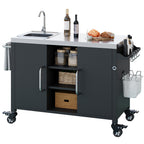 K&K 55.5' Outdoor Kitchen Island with Sink, Metal Grill Cart Table with 304 Stainless Steel Sink, Outdoor Bar Cart Sink Station with 4 Lockable Wheels for Pizza Prep & BBQ, L 55.5' x W 20' H 36.7' - Grand Goldman Shop