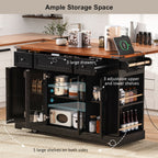 K&K 53'' Farmhouse Kitchen Island with Two Tempered Glass Cabinet Doors, Power Outlet, Rolling Kitchen Cart on Wheels with Drop Leaf, 5 Open Side Racks, 3 Drawers, for Kitchen, Dining Room, Black - Grand Goldman Shop