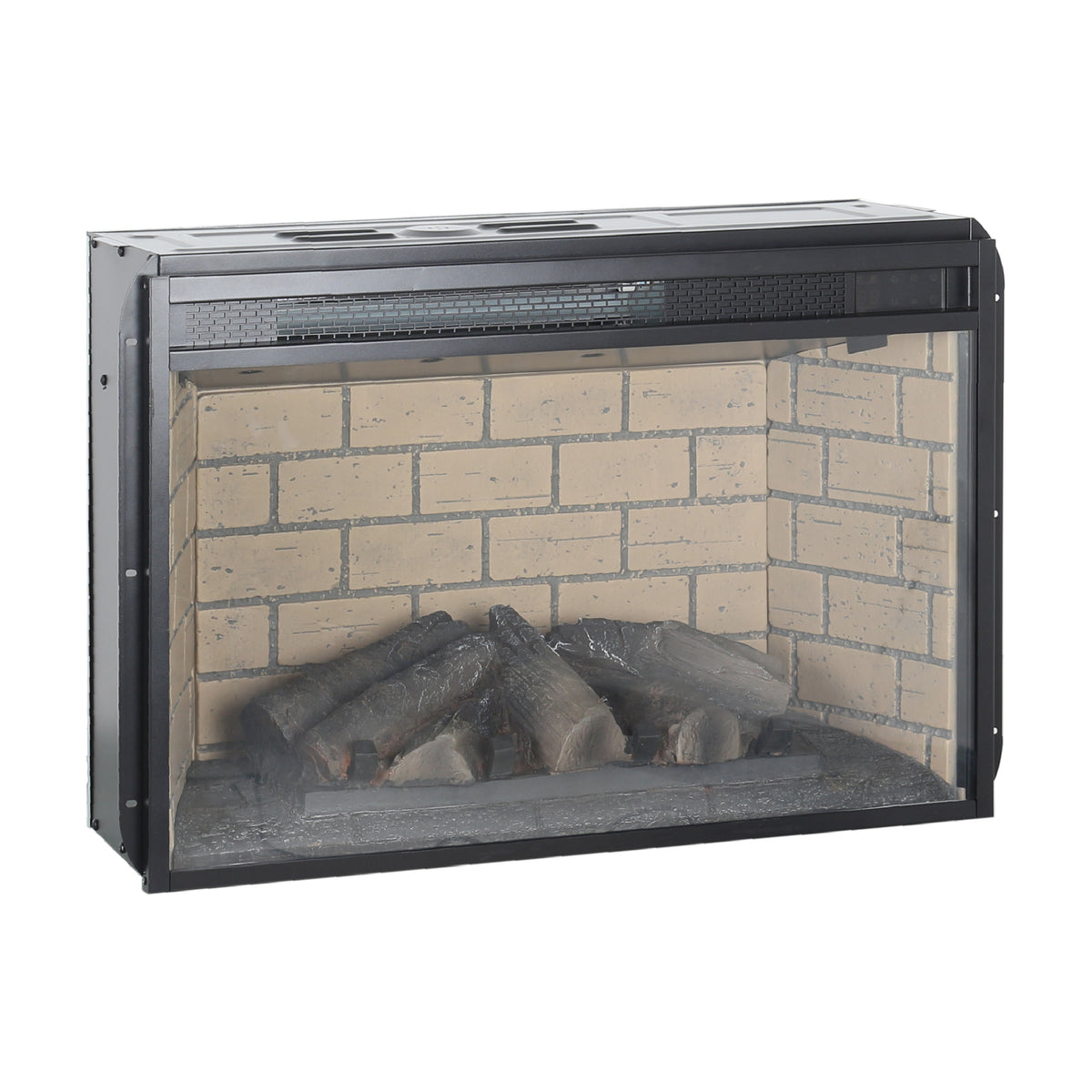 26 Inch Infrared Quartz Heater Fireplace Insert - Woodlog Version with Brick Background, Antique Black, Tempered Glass and Sheet Metal - Grand Goldman Shop