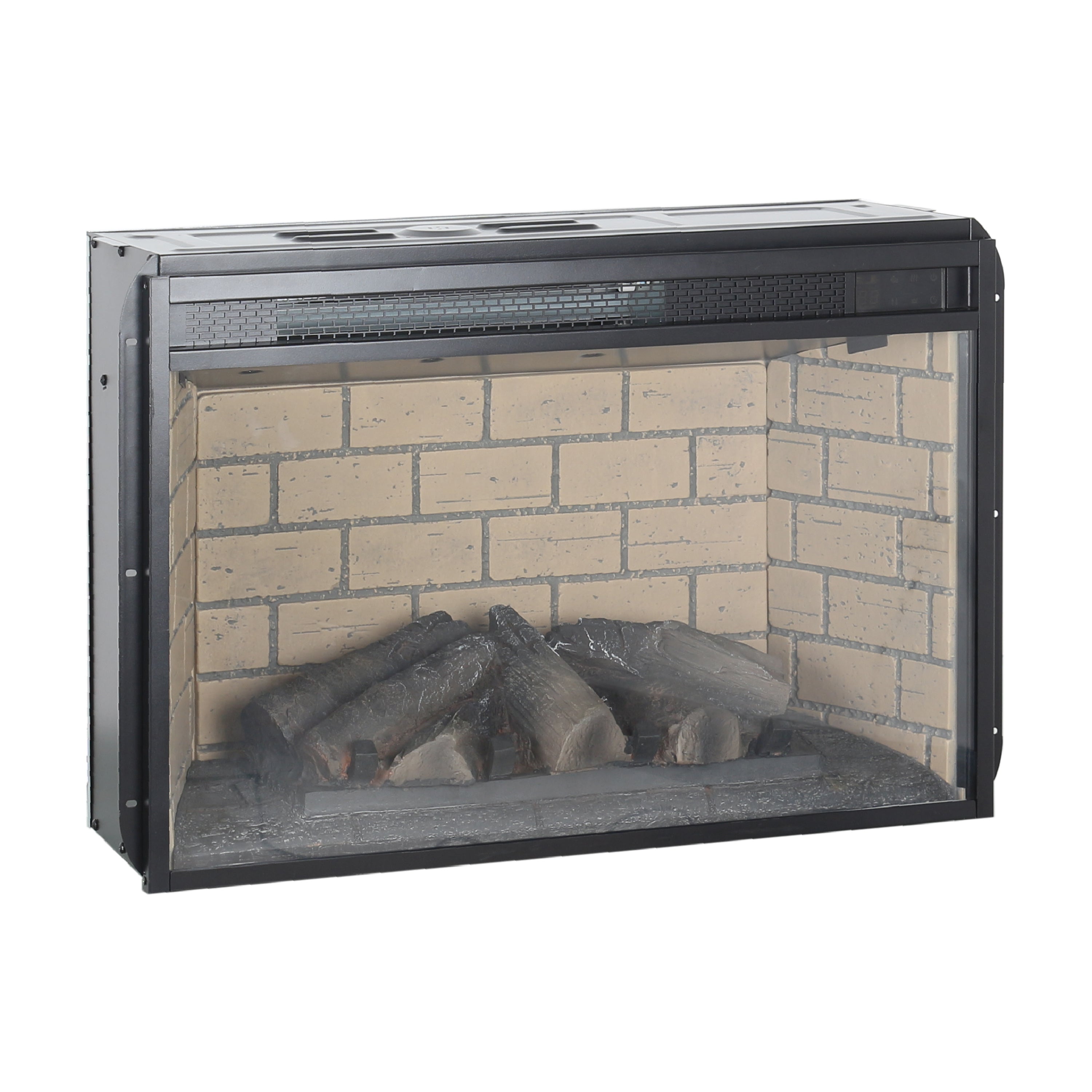 26 Inch Infrared Quartz Heater Fireplace Insert - Woodlog Version with Brick Background, Antique Black, Tempered Glass and Sheet Metal - Grand Goldman Shop