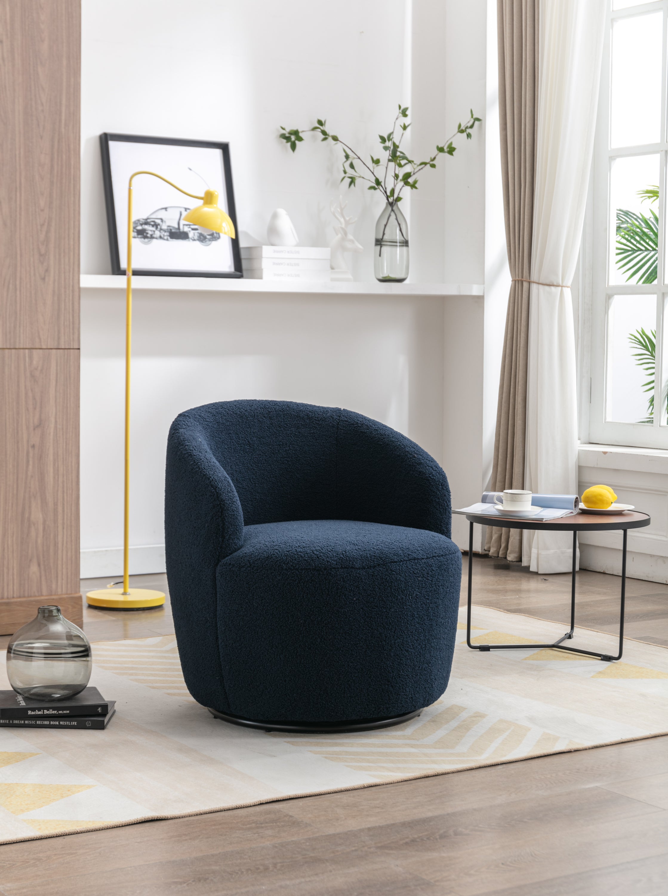 Teddy Fabric Swivel Accent Armchair Barrel Chair With Black Powder Coating Metal Ring,Dark Blue - Grand Goldman Shop