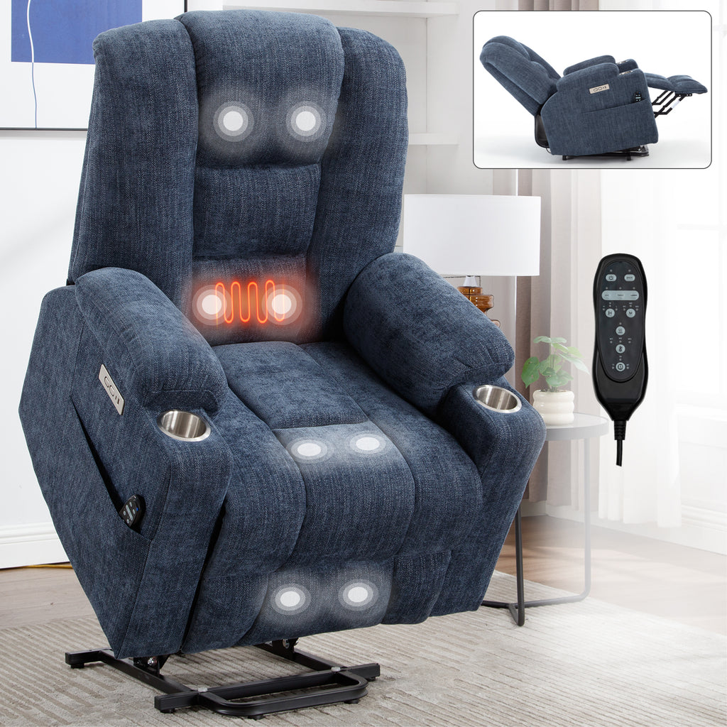 Power Lift Recliner Chair with Massage and Heat for Elderly, Overstuffed Wide Recliners, Heavy Duty Motion Mechanism with USB and Type C Ports, 2 Steel Cup Holders, Blue - Grand Goldman Shop