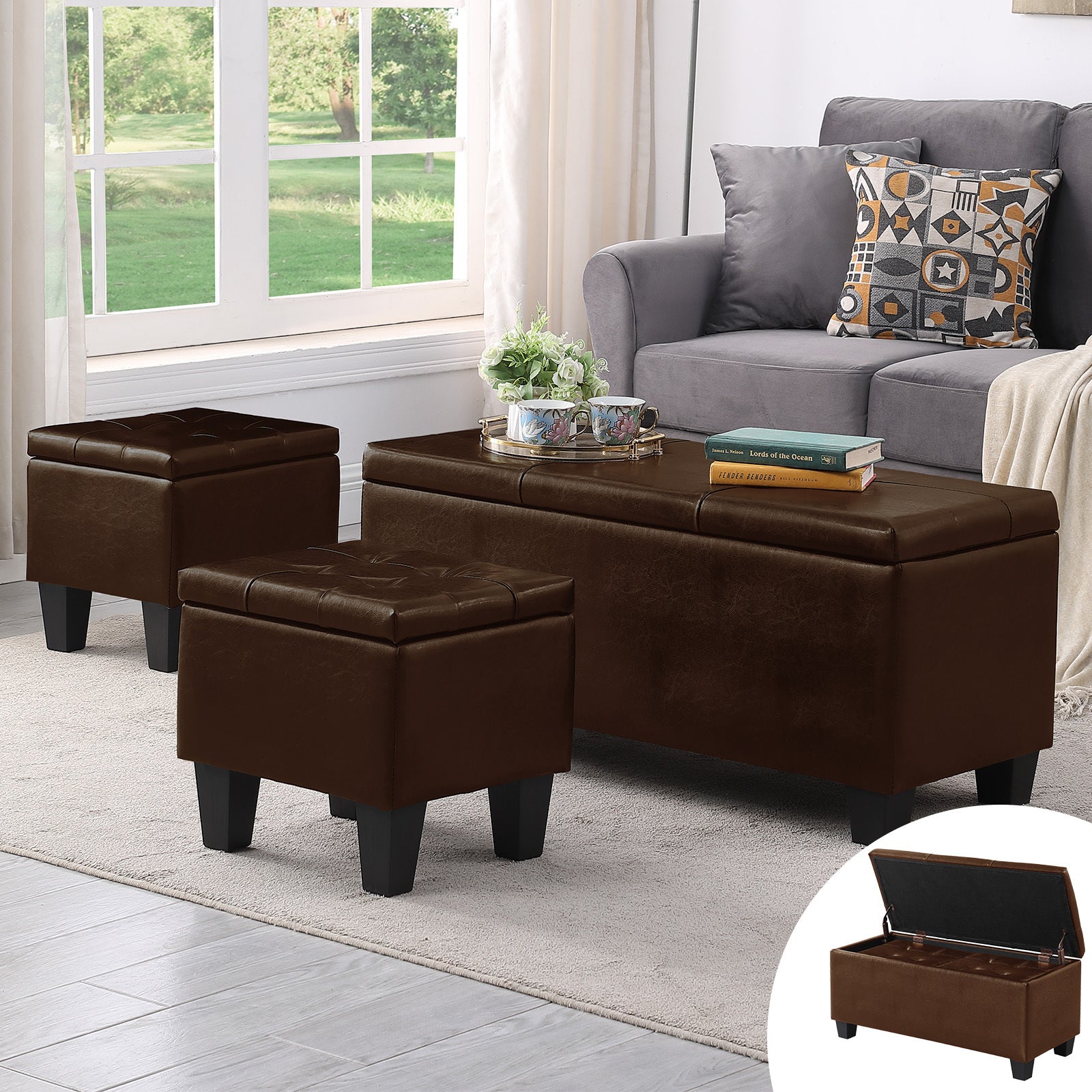 [VIDEO] Large Storage Ottoman Bench Set, 3 in 1 Combination Ottoman, Tufted Ottoman Linen Bench for Living Room, Entryway, Hallway, Bedroom Support 250lbs - Grand Goldman Shop