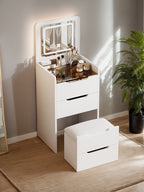 ( 48CM ) 3 in 1 Vanity Desk with Plip Top Mirror, Small Make Up Vanity Set with Visible Glass Desktop, Compact Makeup Vanity with 3 Drawers, Dressing Table for Bedroom ( WHITE COLOR ) - Grand Goldman Shop