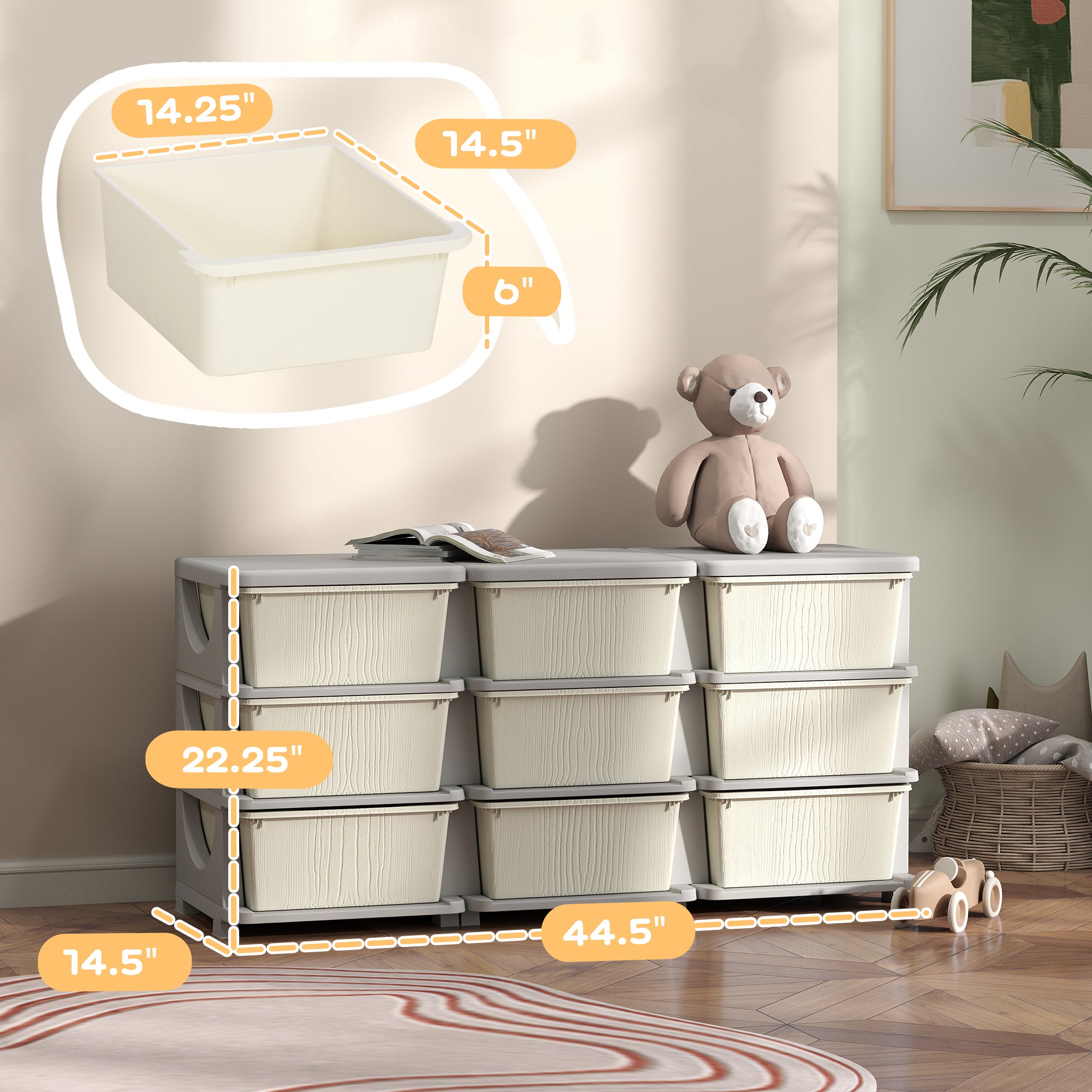 Qaba 3 Tier Kids Storage Unit, 9 Drawer Chest Toy Organizer Plastic Bins for Kids Bedroom Nursery Kindergarten Living Room fo