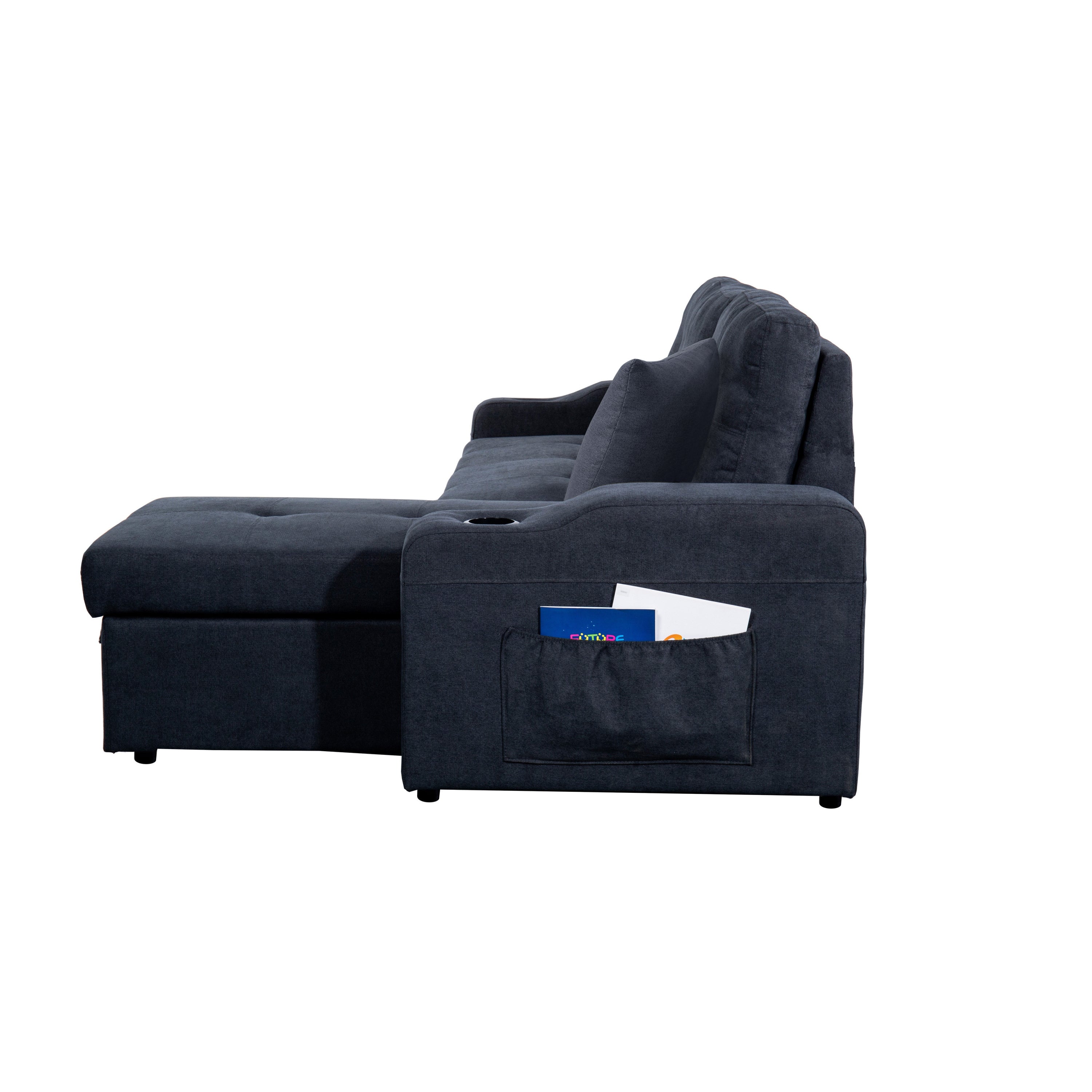 Right-facing sectional sofa with footrest, convertible corner sofa with armrest storage, living room and apartment sectional sofa, right chaise longue and  dark  grey - Grand Goldman Shop