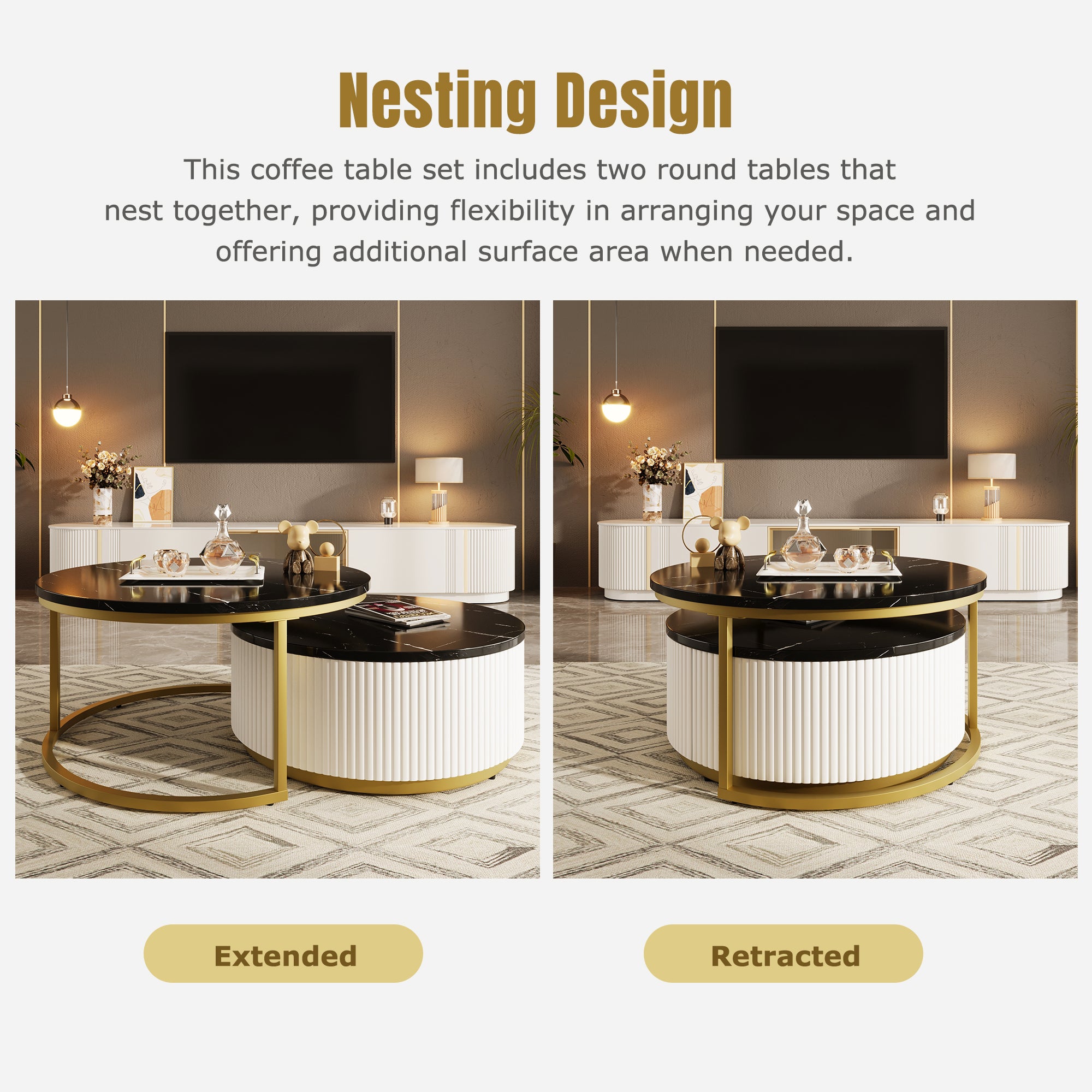 Modern Round Nesting Coffee Table Fluted with Drawer in Black & Gold in 31.5'' - Grand Goldman Shop