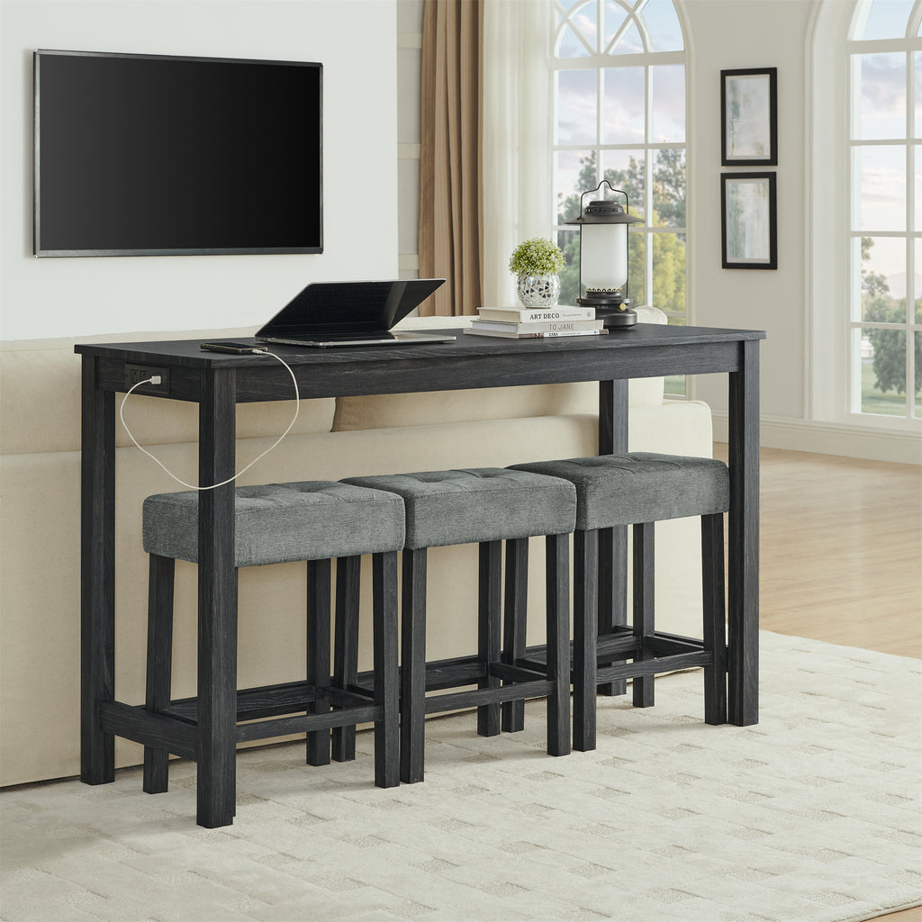 59 Inch Bar Table, Dining Table, Sofa Table with Power Outlet, 3 Upholstered Stools, 4 Piece Bar Table and Chair Set for Living Room, Dining Room, Kitchen - Grand Goldman Shop