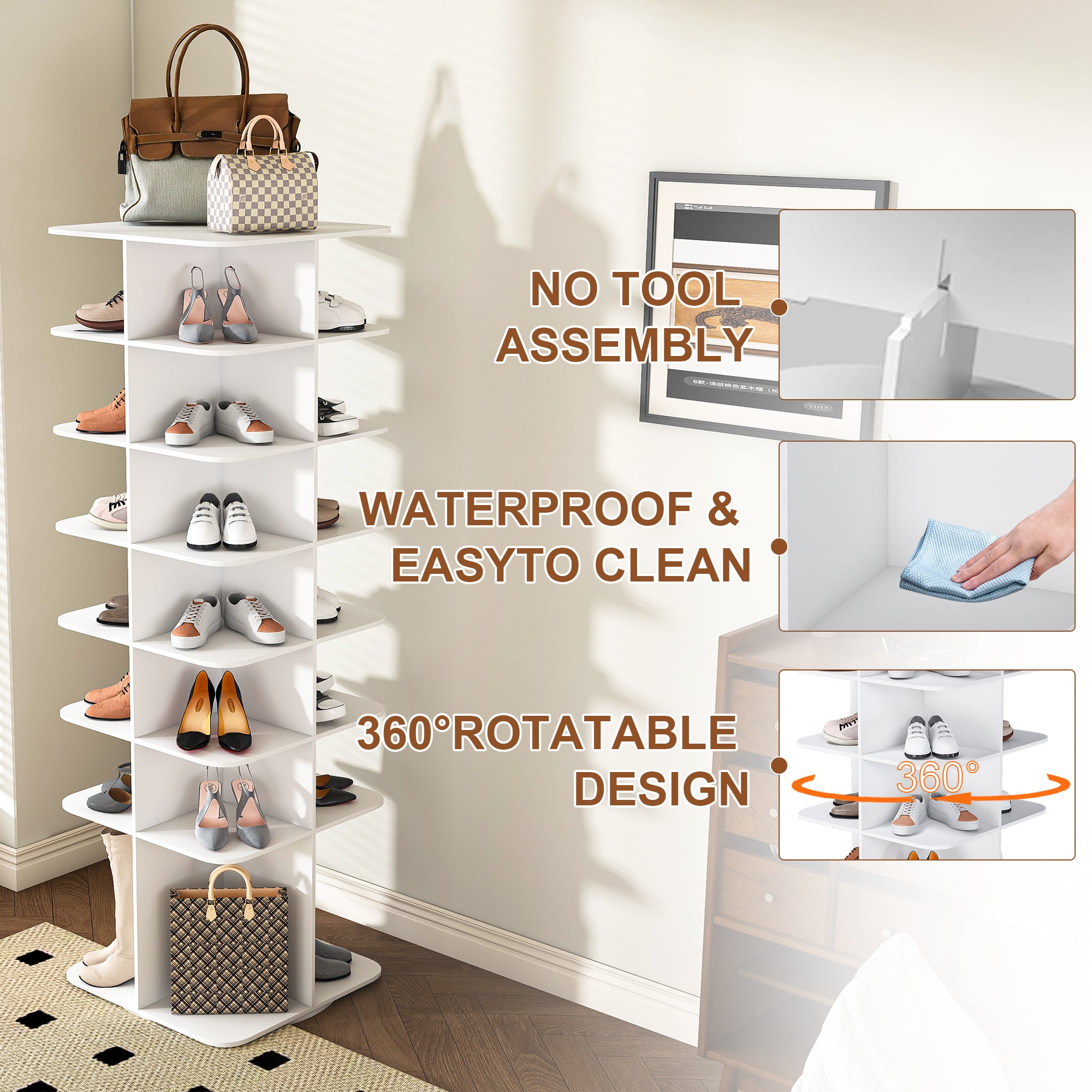 7-Tier Square Rotating Shoe Rack Tower with 360° Spinning Organizer, White - Grand Goldman Shop