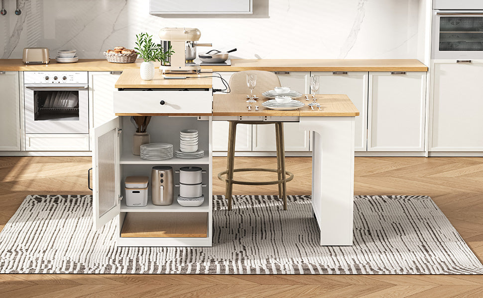 K&K 59.5' Kitchen Island with Extendable Dining Table, Kitchen Storage Table with Double-sided Storage, Kitchen Island with 2 Drawers, Power Outlet, Side Open Shelves, for Kitchen, Dining Room, White - Grand Goldman Shop