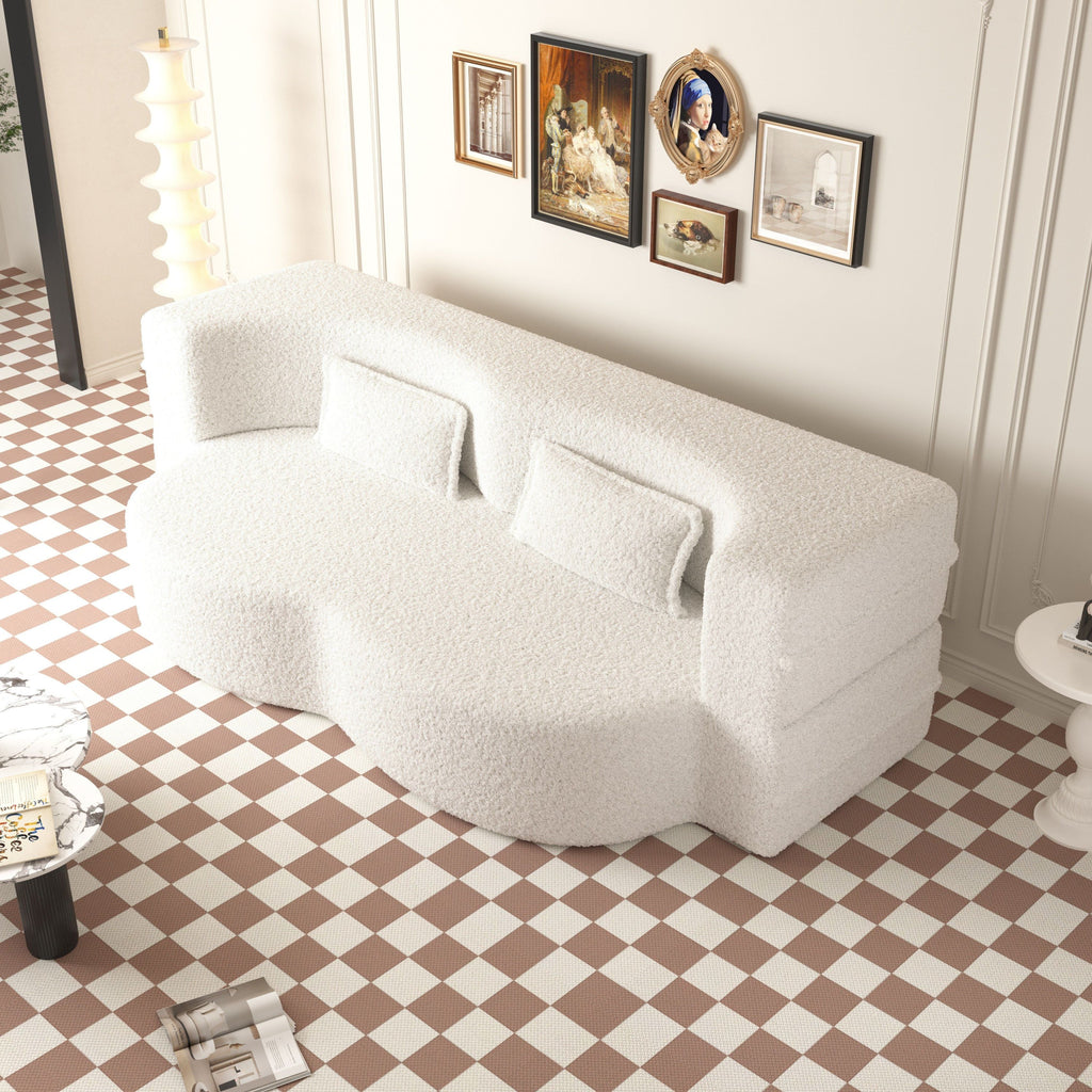 Modern Floor Sofa with 2 Pillows,Convertible Teddy Fabric Foam Filled Sleeper Sofa Bed,15 ' Full Size Folding Mattress for Living Room,Guest Bed,Playroom,no assembly required,Beige - Grand Goldman Shop