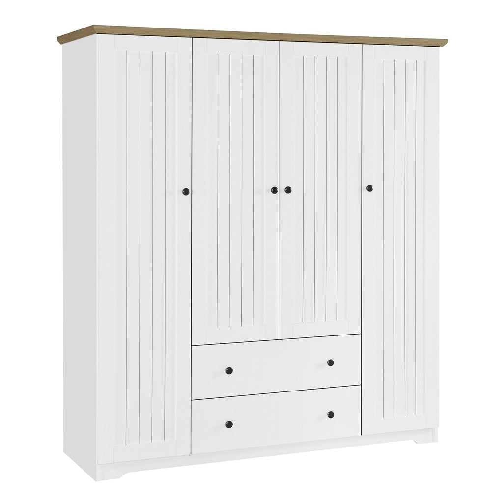 White 4 Door Wardrobe Armoire with 2 Drawers, Pine Wood + MDF, 60.6''L x 20.8''W x 68.5''H - Grand Goldman Shop