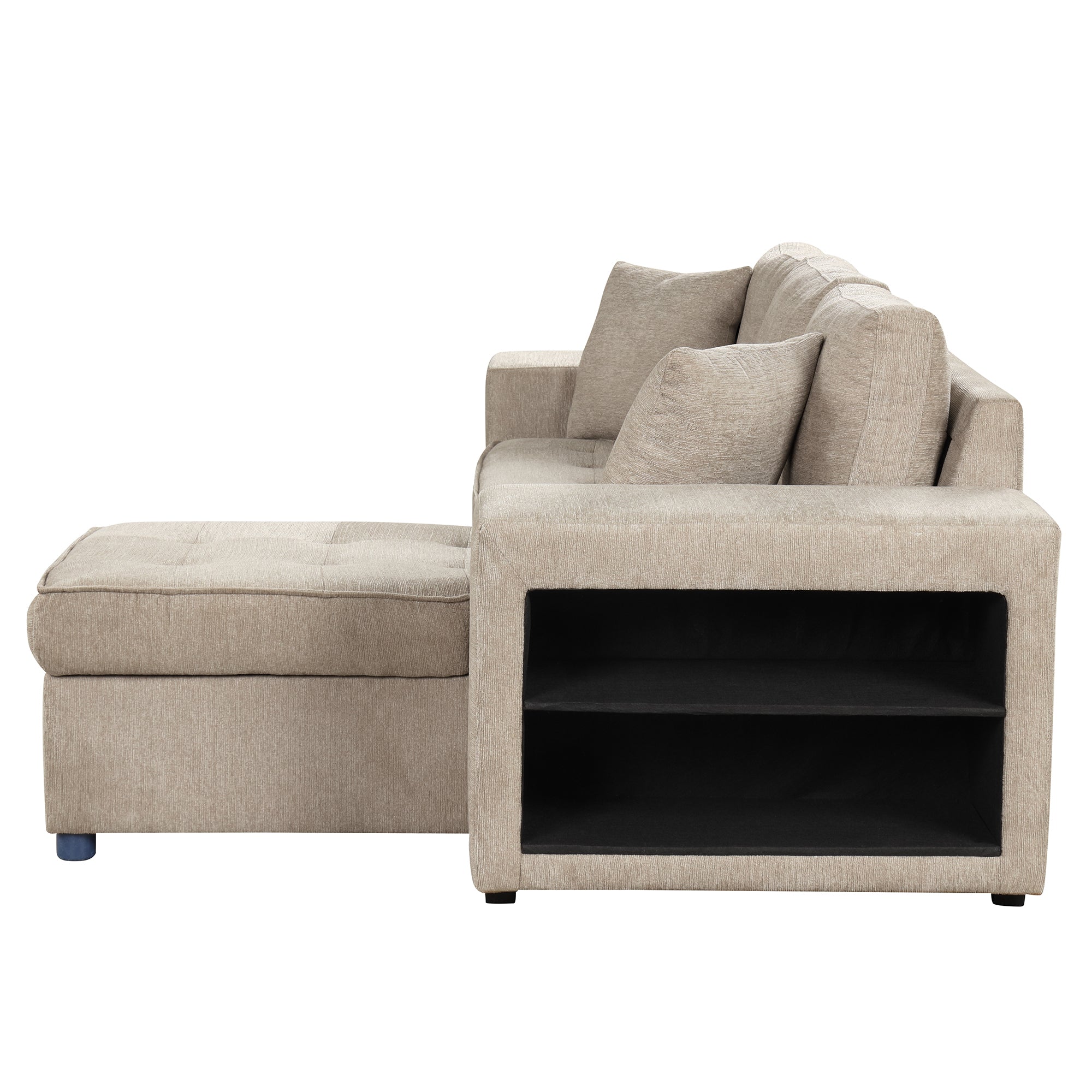 Modern L-Shape 3 Seat Reversible Sectional Couch with Pull Out Sleeper, Storage Chaise & 2 Stools, Cream, Linen Chenille - Grand Goldman Shop