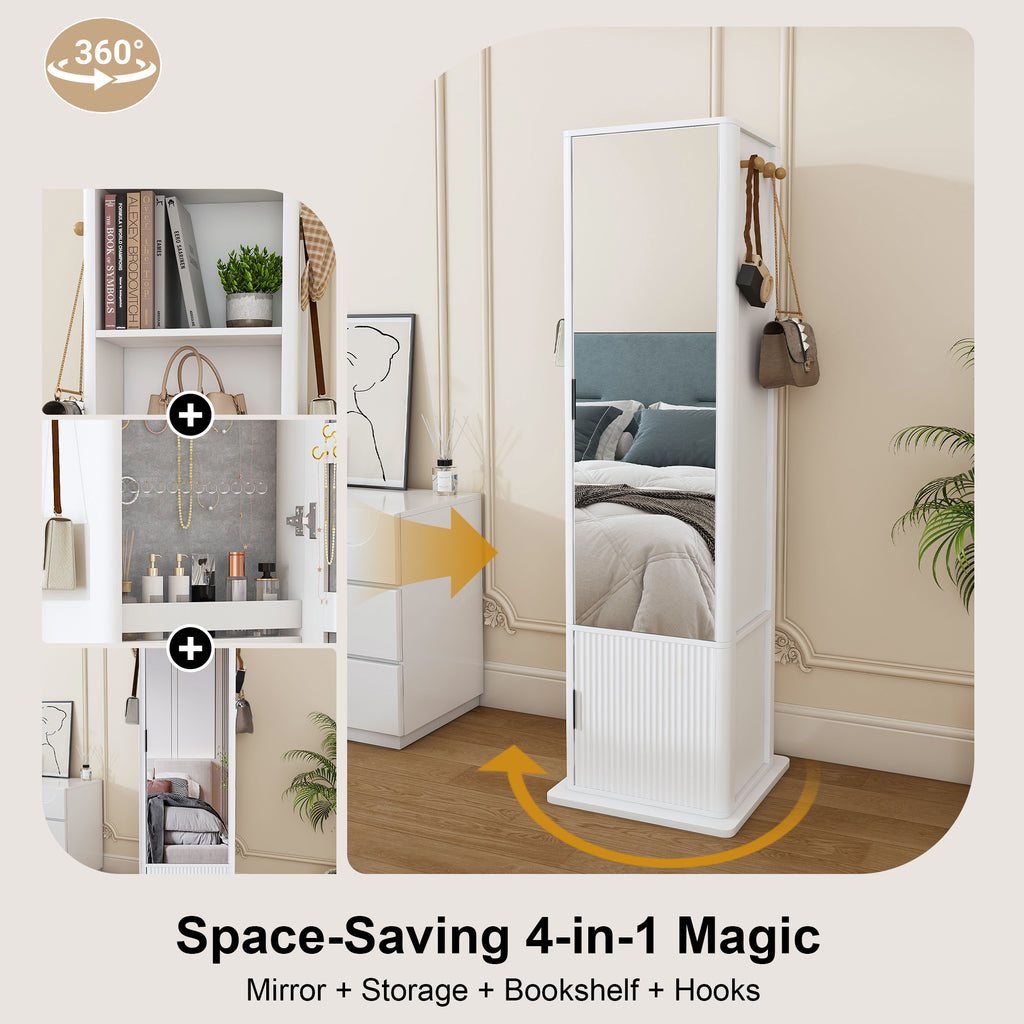 360° Rotating White Makeup Cabinet with Full-Length Mirror, Jewelry Storage, Coat Rack, 4 Open Shelves, 2 Built-In Shelves, MDF and Glass - Grand Goldman Shop