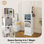 360° Rotating White Makeup Cabinet with Full-Length Mirror, Jewelry Storage, Coat Rack, 4 Open Shelves, 2 Built-In Shelves, MDF and Glass - Grand Goldman Shop