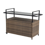 Outdoor Wicker Bar Cart, Patio Wine Serving Cart w/Wheels , Rolling Rattan Beverage Bar Counter Table w/Glass Top for Porch Backyard Garden Poolside Party, Light brown - Grand Goldman Shop