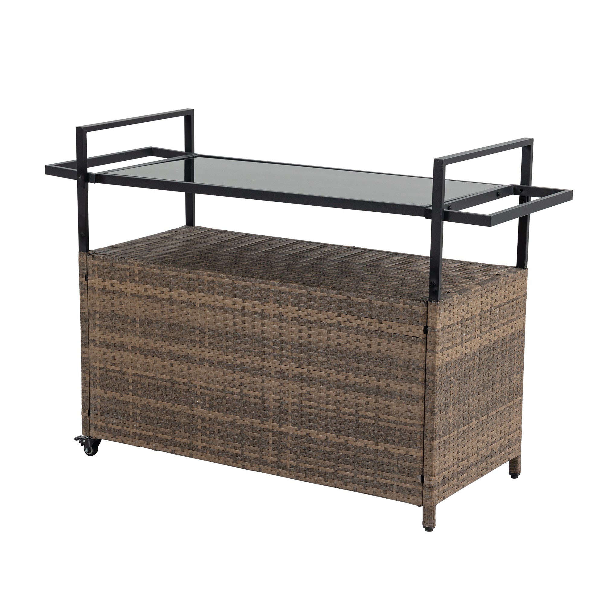 Outdoor Wicker Bar Cart, Patio Wine Serving Cart w/Wheels , Rolling Rattan Beverage Bar Counter Table w/Glass Top for Porch Backyard Garden Poolside Party, Light brown - Grand Goldman Shop