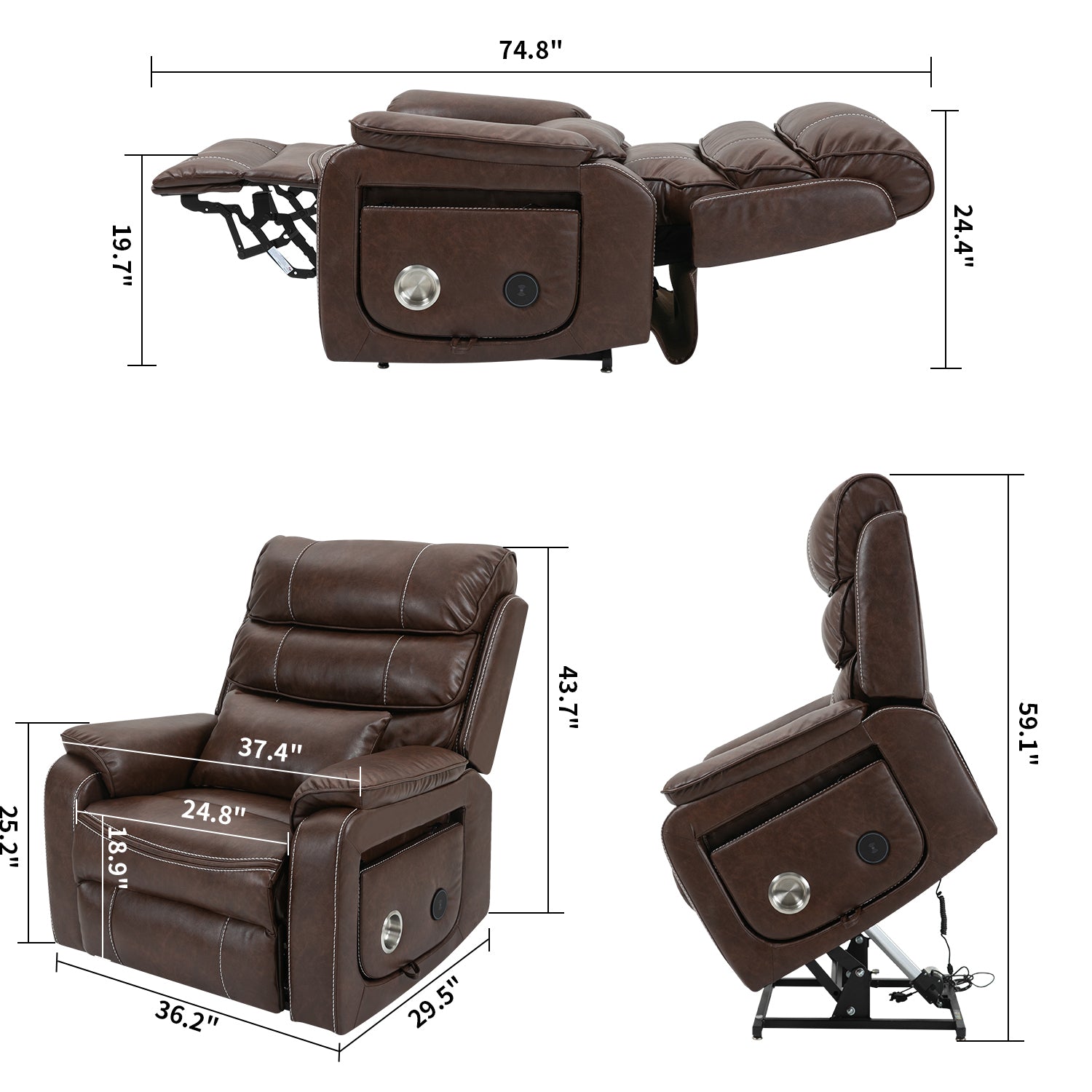 Premium Brown Technical Leather 180-Degree Lay Flat Recliner Chair with Wireless Charging, Lumbar Support, and Dual Motor Lift for Big & Tall Comfort - Grand Goldman Shop