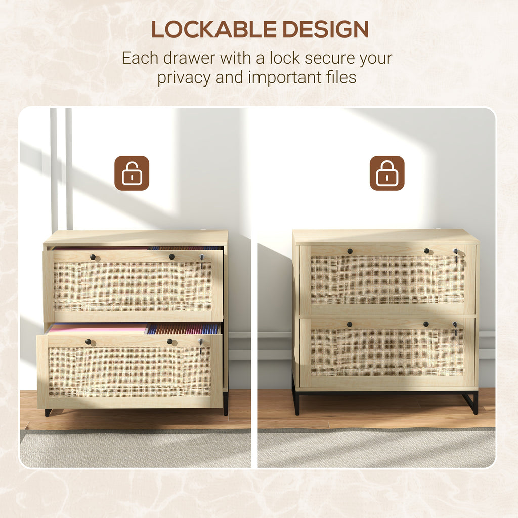 Vinsetto 2 Drawer File Cabinet with Lock, Vertical Filing Cabinet with Keys, Rattan Drawers and Adjustable Hanging Bar for Le