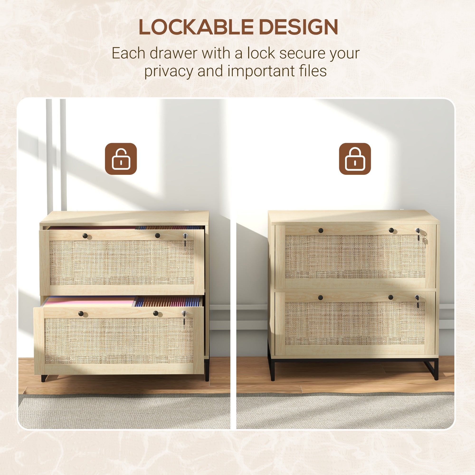Vinsetto 2 Drawer File Cabinet with Lock, Vertical Filing Cabinet with Keys, Rattan Drawers and Adjustable Hanging Bar for Le