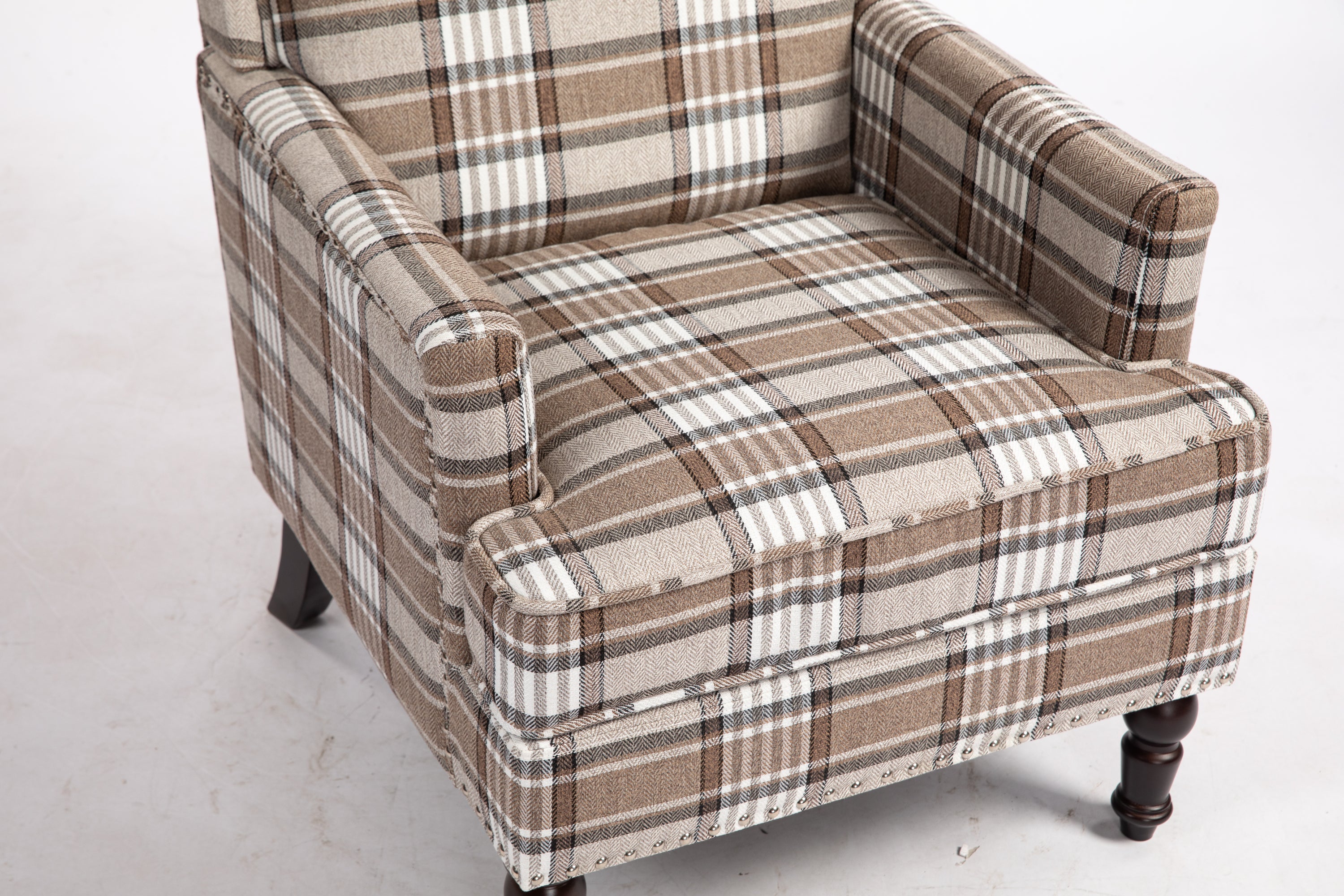 Upholstered Accent Chair, Vintage Armchair with Brown Linen Fabric and Nailhead Trim for Living Room - Grand Goldman Shop