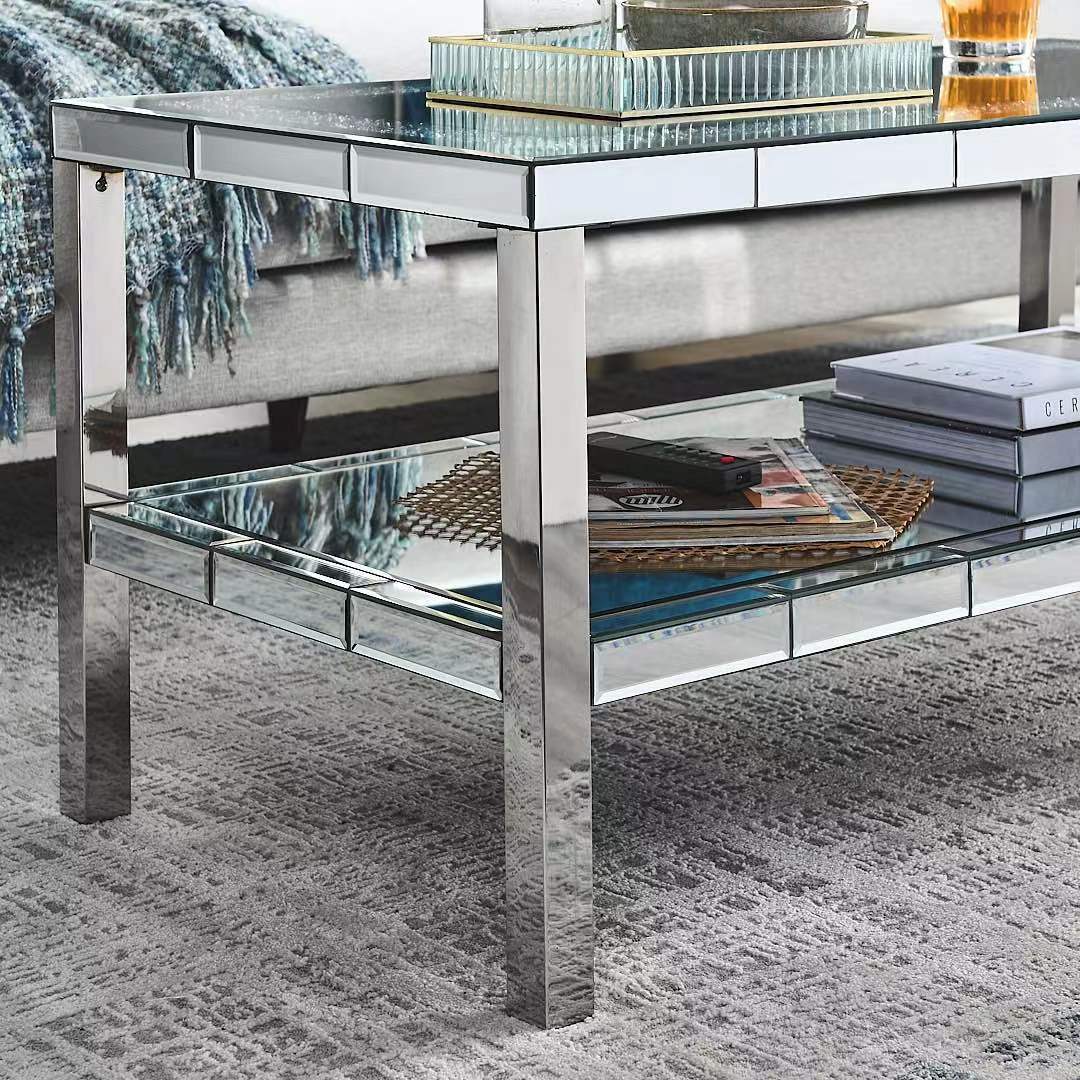 W 39.5' X D 19.5'X H 19.5' 2-layer crystal mirror stainless steel frame coffee table for use in offices, shops, living rooms, or bedrooms - Grand Goldman Shop