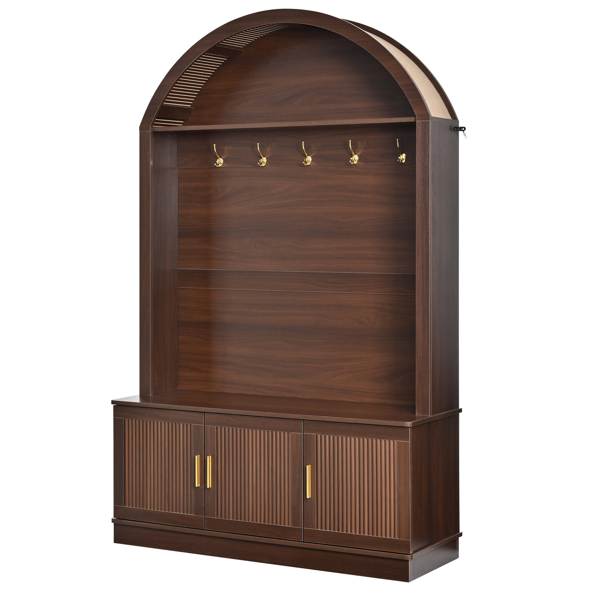 Farmhouse Fabric Arched Top Hall Tree with 5 Metal Hooks, All-in-One Mudroom Furniture with Adjustable Shelves, Mid-Century Fluted Door Entryway Bench with Wood Grain Finish for Hallway, Walnut - Grand Goldman Shop