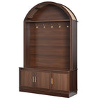Farmhouse Fabric Arched Top Hall Tree with 5 Metal Hooks, All-in-One Mudroom Furniture with Adjustable Shelves, Mid-Century Fluted Door Entryway Bench with Wood Grain Finish for Hallway, Walnut - Grand Goldman Shop