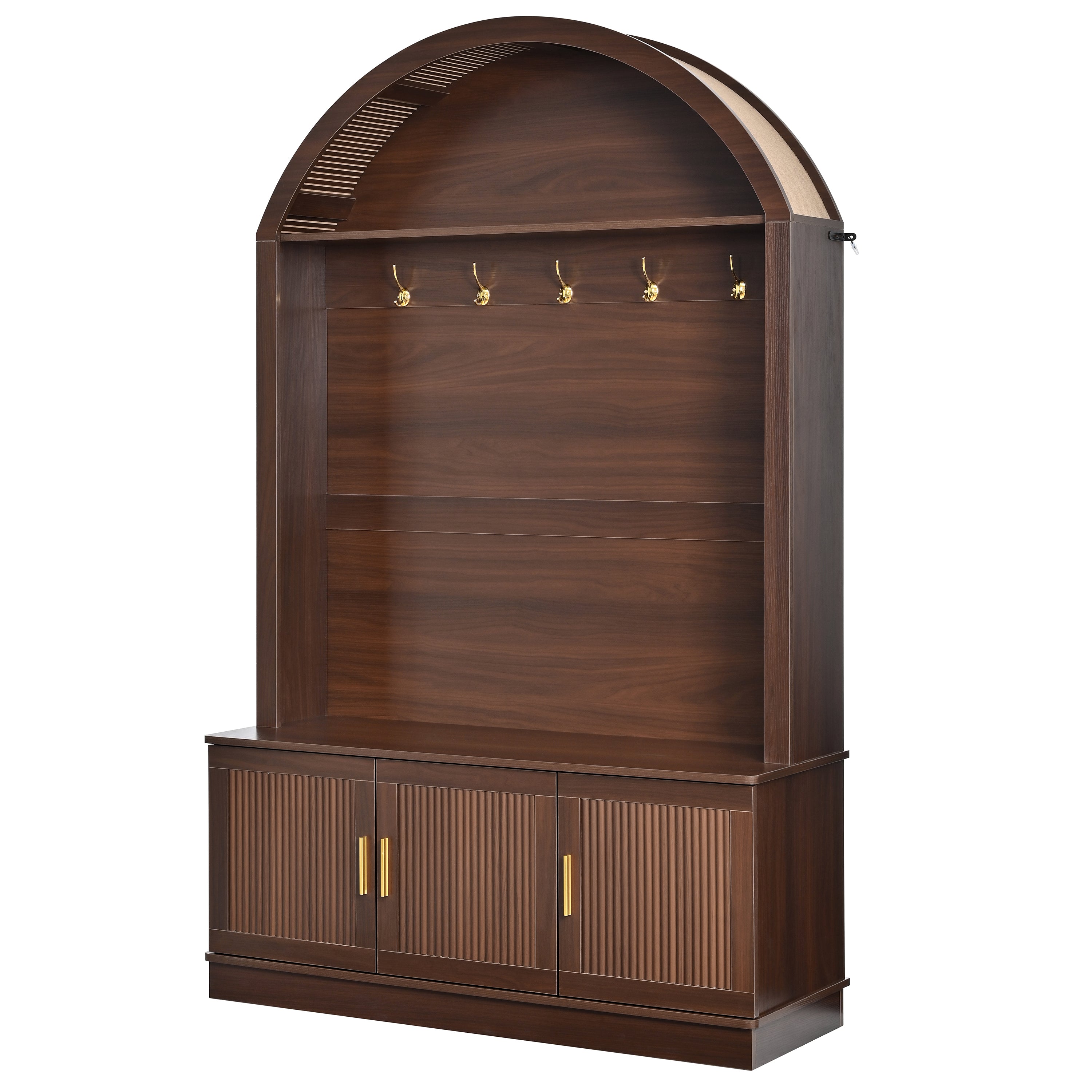 Farmhouse Fabric Arched Top Hall Tree with 5 Metal Hooks, All-in-One Mudroom Furniture with Adjustable Shelves, Mid-Century Fluted Door Entryway Bench with Wood Grain Finish for Hallway, Walnut - Grand Goldman Shop
