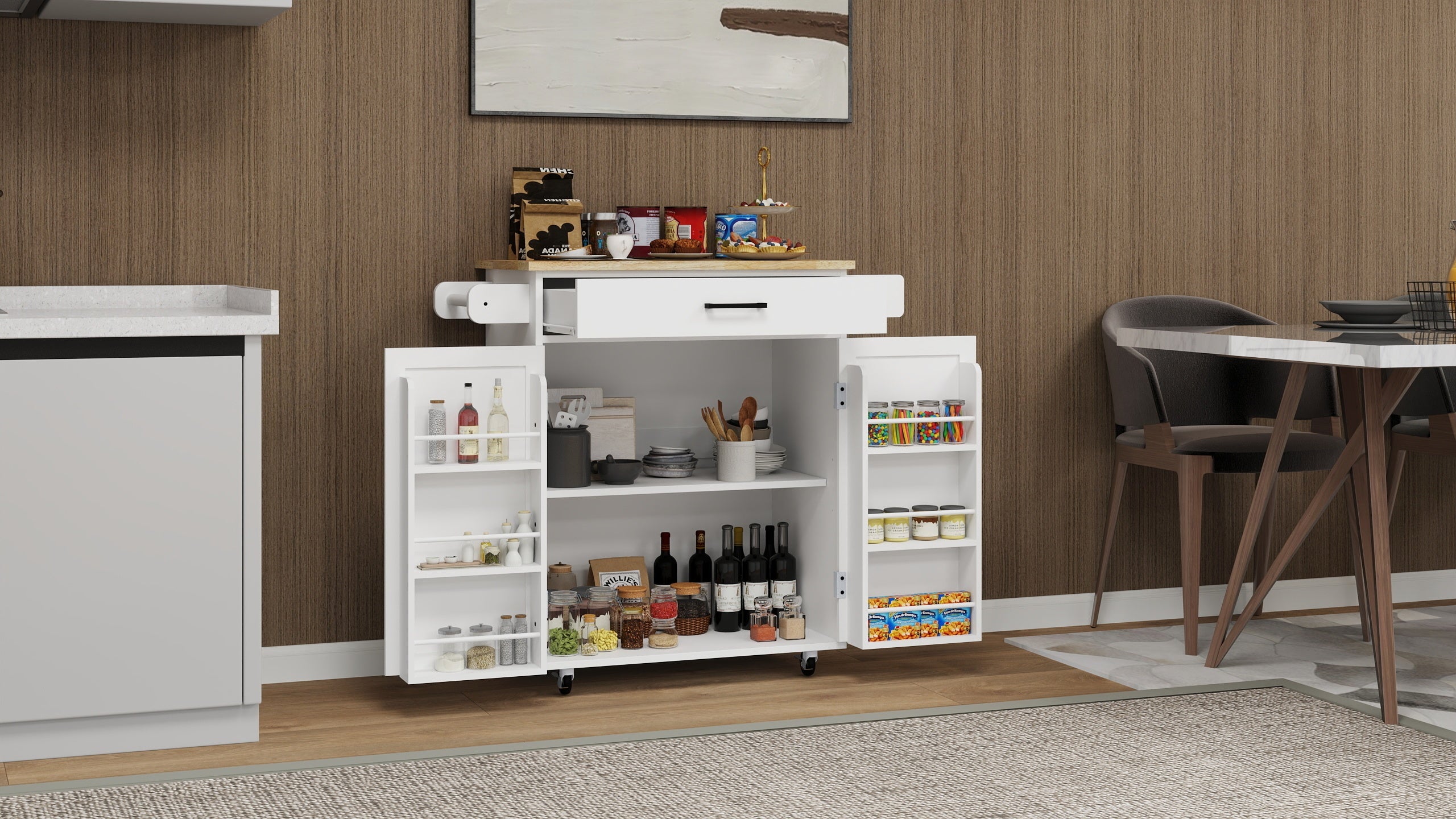 Kitchen island rolling trolley cart with 1 drawer & 2 doors with storage racks & Adjustable Shelves & towel rack & seasoning rack rubber wood table top-White - Grand Goldman Shop