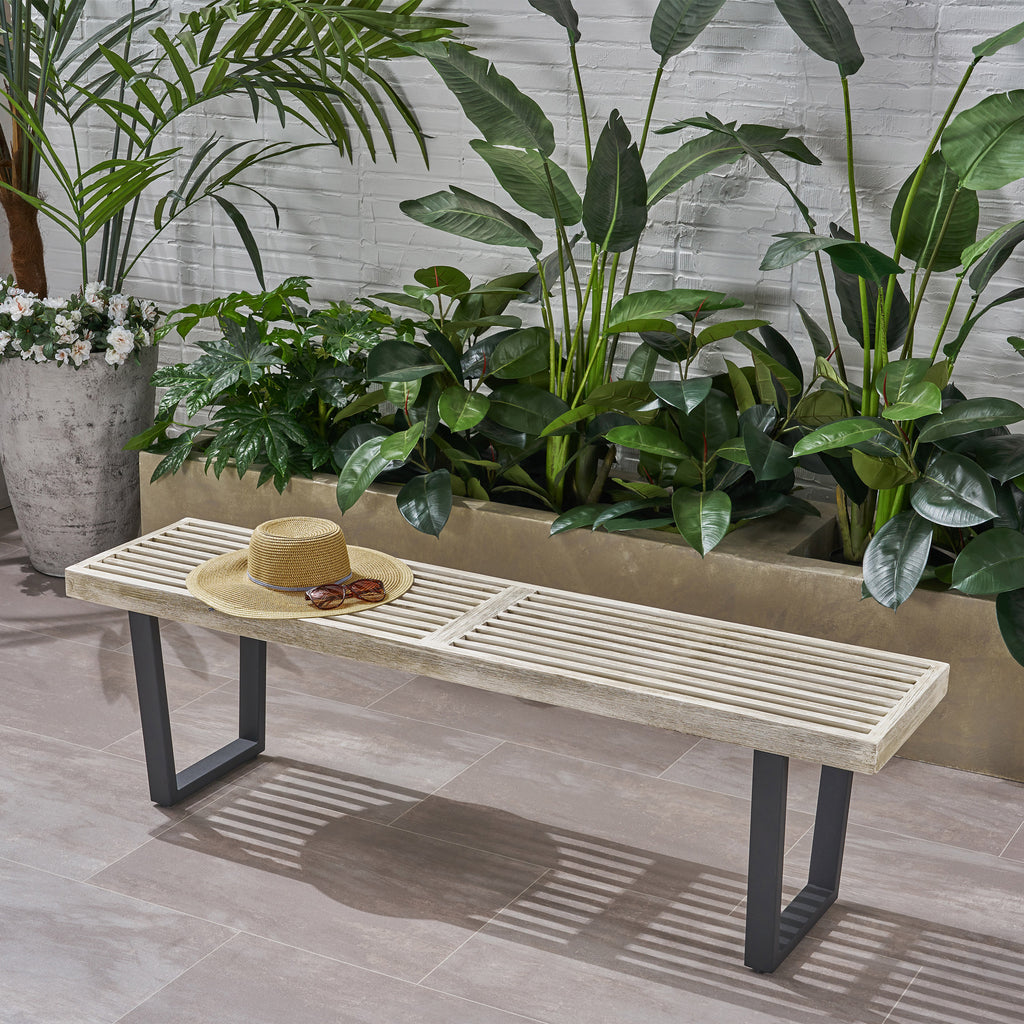 Intrinsic Outdoor Dining Bench with Iron Legs and Slat Top, Black+ Gray - Grand Goldman Shop