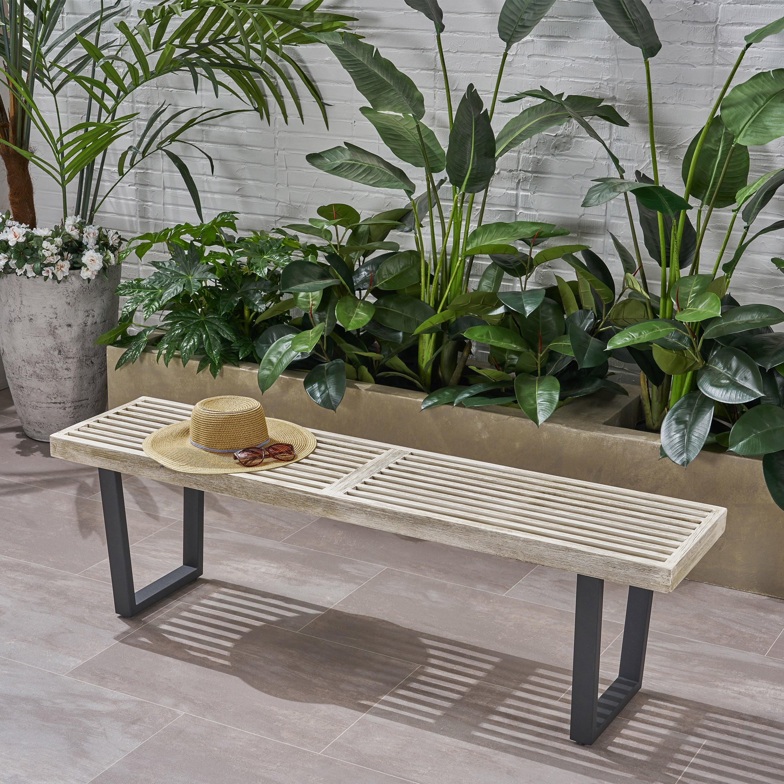 Intrinsic Outdoor Dining Bench with Iron Legs and Slat Top, Black+ Gray - Grand Goldman Shop