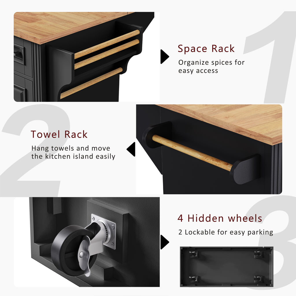 K&K 54inch Large Kitchen Island with Rubber Wood Drop Leaf, Embossed Texture Rolling Kitchen Cart on 4 Wheels with 4 Doors and 3 Drawers, Kitchen Island with Storage for Kitchen, Dining Room,Black - Grand Goldman Shop