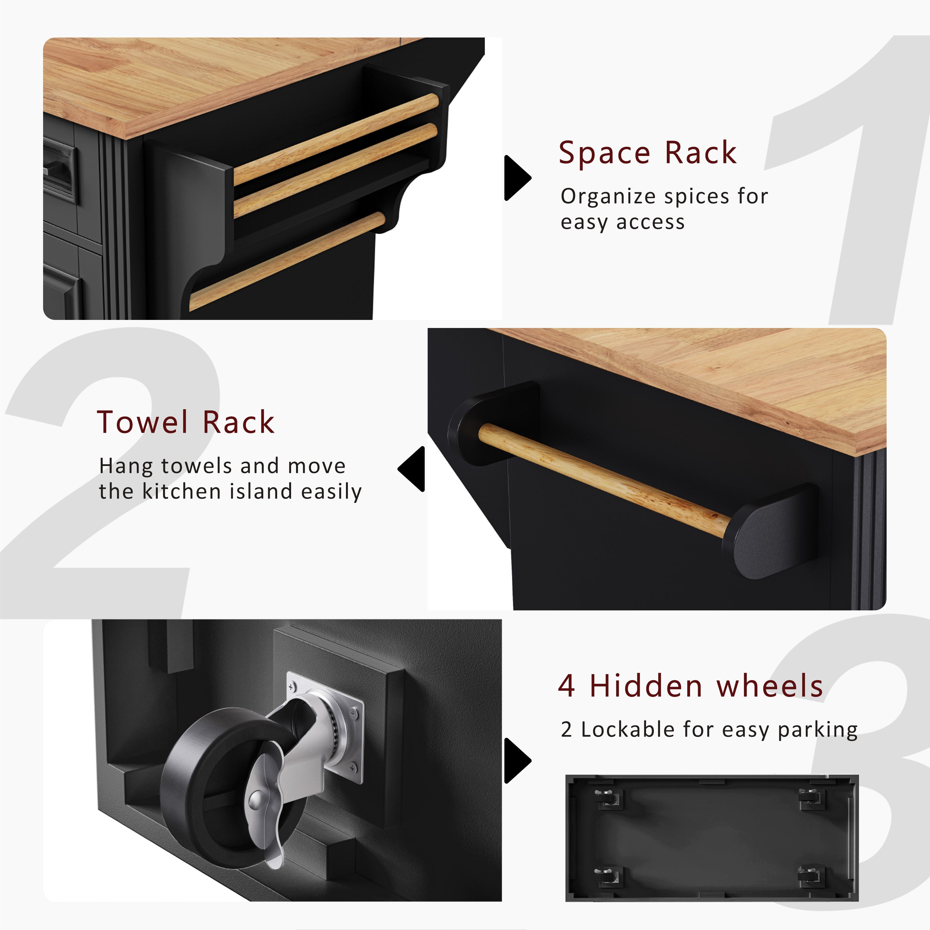 K&K 54inch Large Kitchen Island with Rubber Wood Drop Leaf, Embossed Texture Rolling Kitchen Cart on 4 Wheels with 4 Doors and 3 Drawers, Kitchen Island with Storage for Kitchen, Dining Room,Black - Grand Goldman Shop