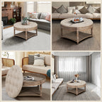 Large Round Waterproof Ottoman Coffee Table 2 Tier Oversized Button Tufted Ottoman with Wooden Shelf Storage Farmhouse Upholstered Coffee Table Living Room Footstool Ottoman Linen - Grand Goldman Shop