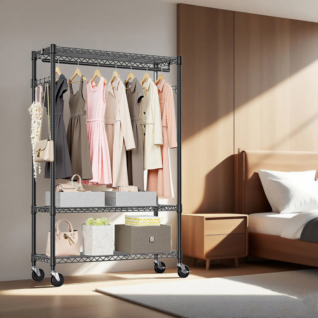 Heavy Duty Rolling Garment Rack 3 Tiers Adjustable Wire Shelving Clothes Rack with 1 Rods and Side Hooks,Storage Closet Clothing Rack with Wheels Black 15.7' D x 45.3' W x 75.6' H, Black - Grand Goldman Shop