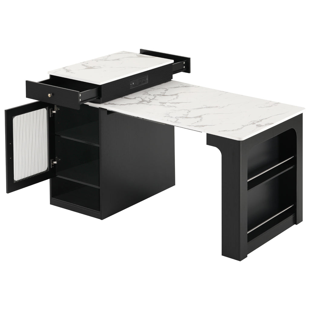K&K 59.5' Kitchen Island with Extendable Dining Table, Kitchen Storage Table with Double-sided Storage, Kitchen Island with 2 Drawers, Power Outlet, Side Open Shelves, for Kitchen, Dining Room, Black - Grand Goldman Shop
