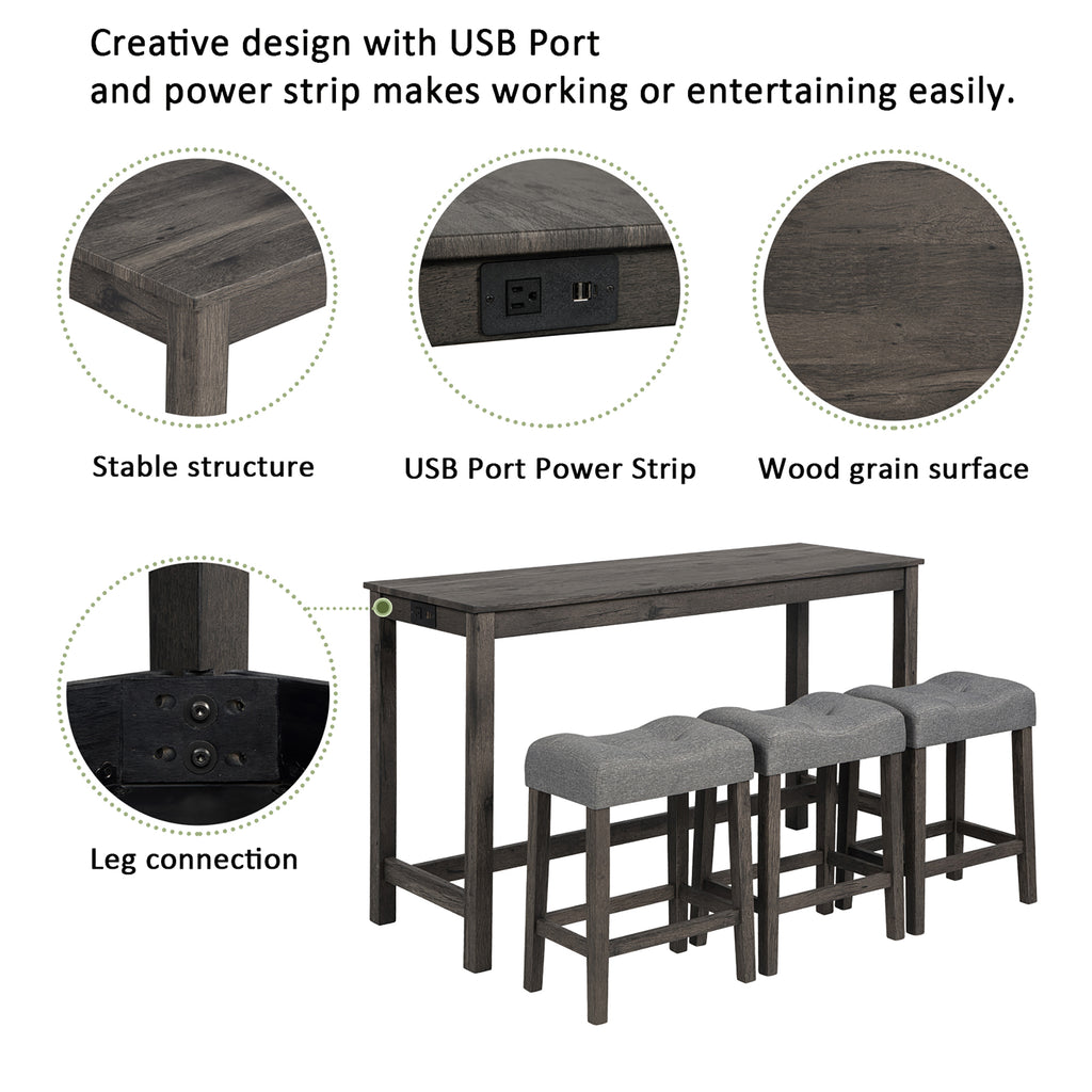 4 Piece Bar Table Set with Power Outlet, Bar Table Set with Chairs, Sofa Bar Table with Stools, Behind Couch Table with 3 Padded Stools, for Living Room, Dining room, Dark Gray - Grand Goldman Shop