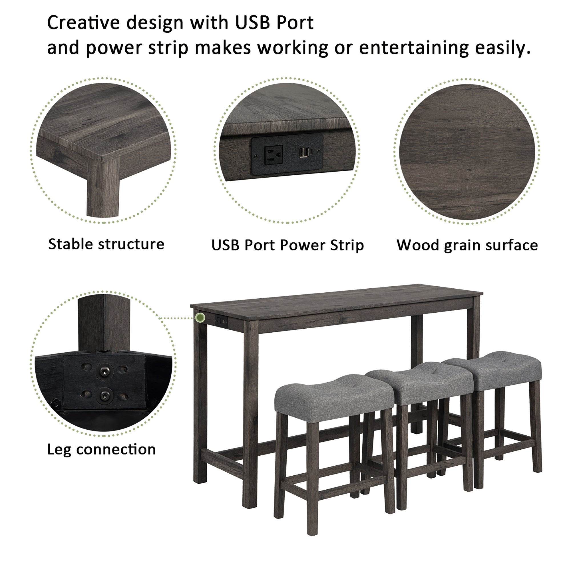4 Piece Bar Table Set with Power Outlet, Bar Table Set with Chairs, Sofa Bar Table with Stools, Behind Couch Table with 3 Padded Stools, for Living Room, Dining room, Dark Gray - Grand Goldman Shop