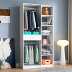 Freestanding Closet System,  Stand-Alone Wardrobe with 6 open Shelves,74.8'' Heigh Closetwith 1 Wood Drawers, Wood Walk-in Closet with 2 Hanging Rod, White - Grand Goldman Shop