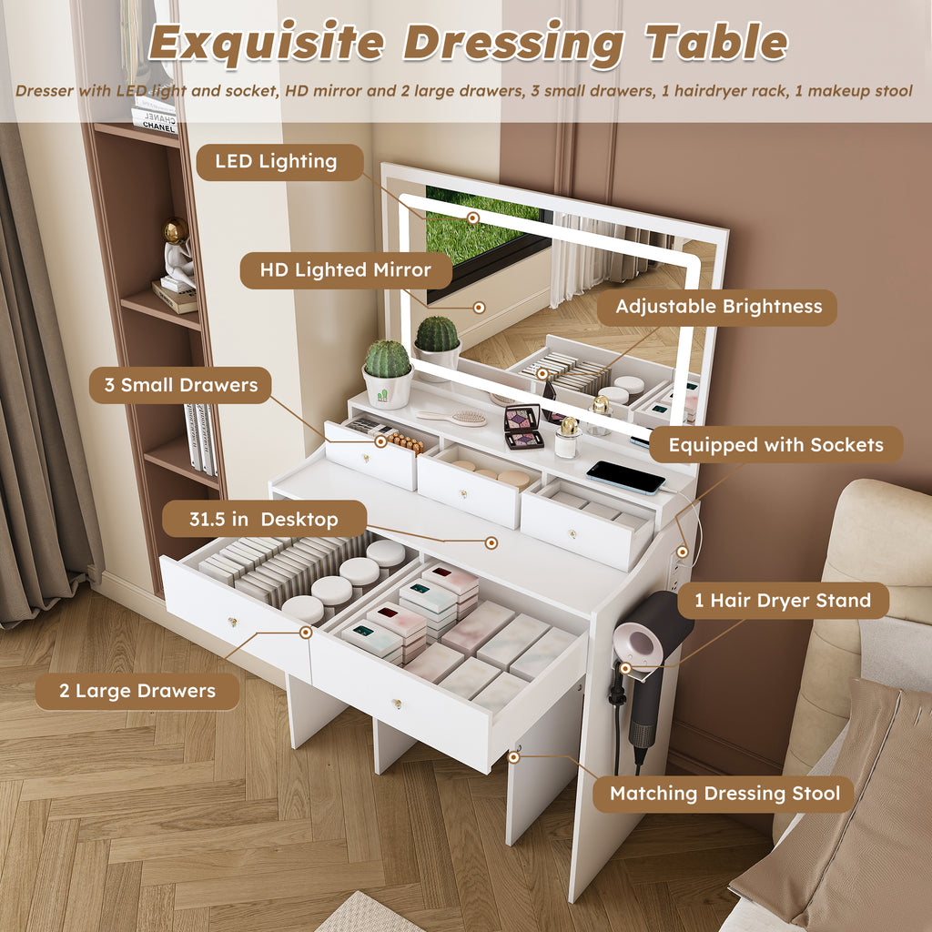 Modern White Vanity Desk with Large Mirror, Power Outlet & Hair Dryer Holder, Adjustable Lighting, 5 Drawers - Grand Goldman Shop