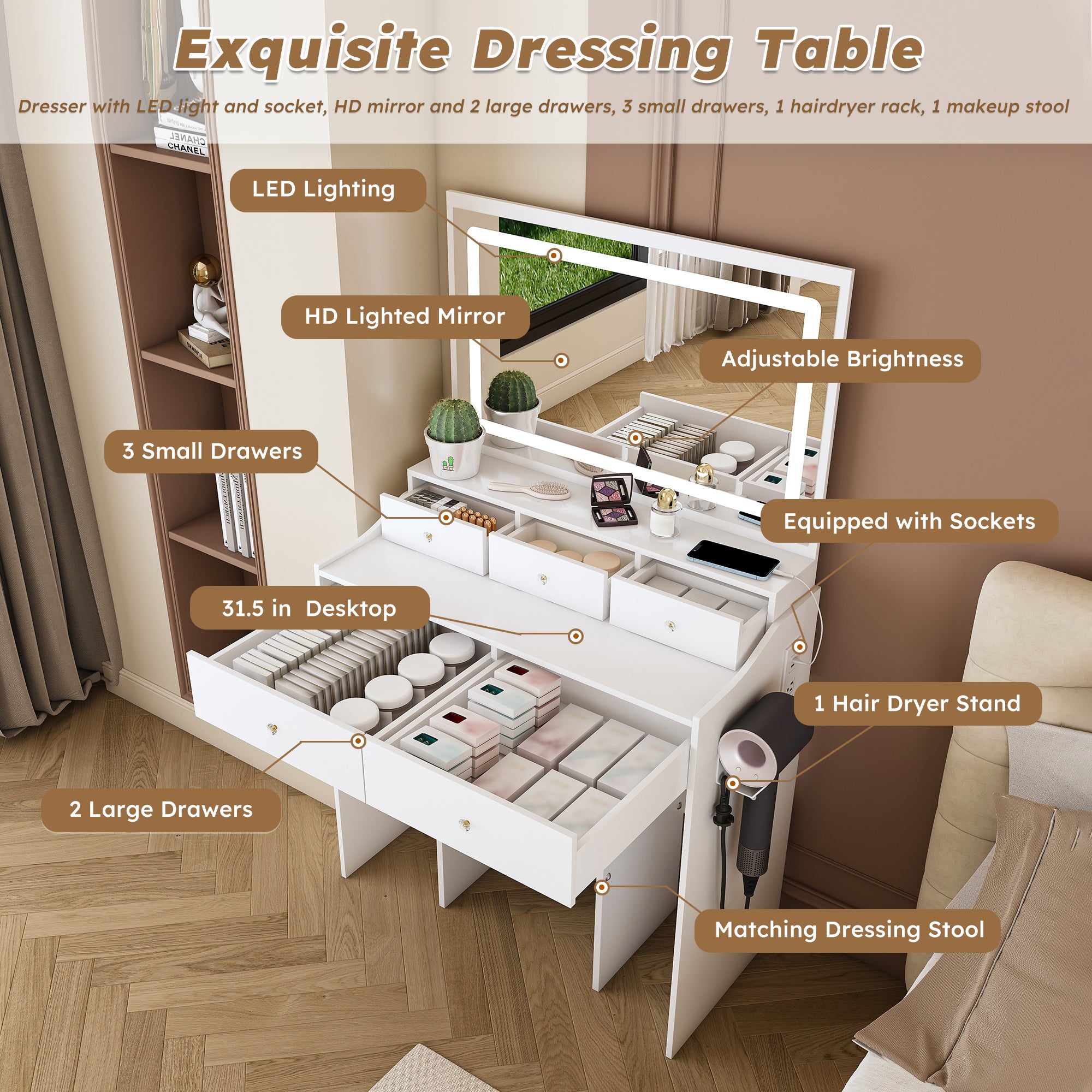 Modern White Vanity Desk with Large Mirror, Power Outlet & Hair Dryer Holder, Adjustable Lighting, 5 Drawers - Grand Goldman Shop